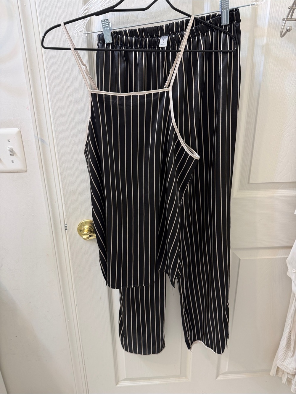 Nicole Miller Black Jumpsuit with White Pinstripes and Contrast Cream Trim